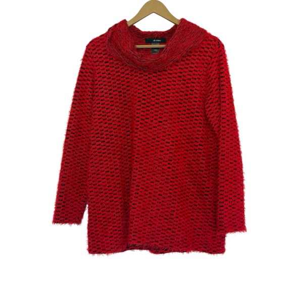 Ali Miles Size Large Red Black Fuzzy Cowl Neck Sweater Checkered Pattern Artsy - Picture 1 of 6